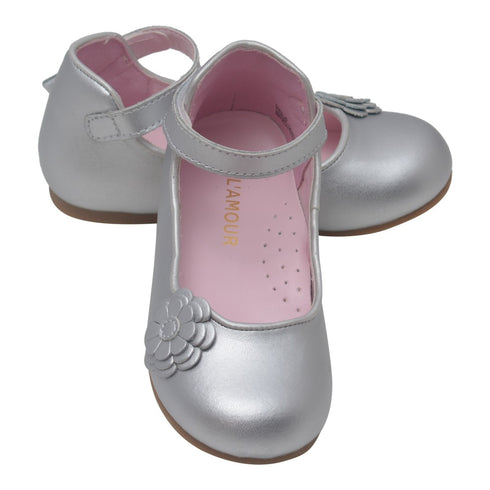 L'Amour Girls Silver Flower Applique Strap Flats 11-12 Kids - SophiasStyle.com